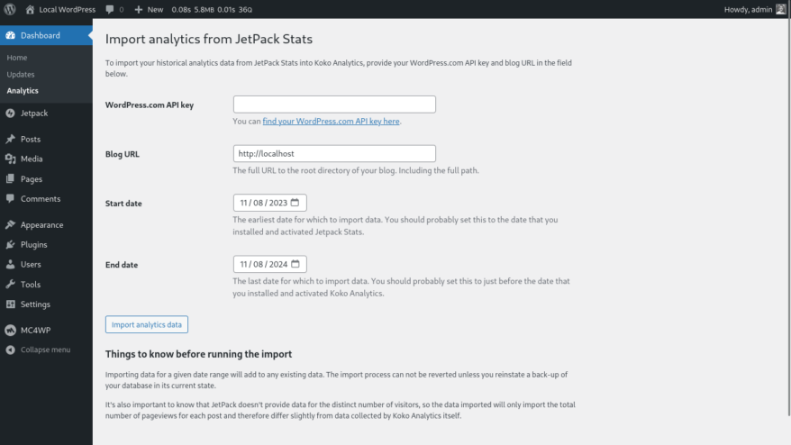 Screenshot of page to import Jetpack Stats into Koko Analytics.