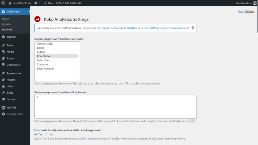 Screenshot of Koko Analytics settings page with notice at the top asking the user to import historical data from Jetpack Stats.