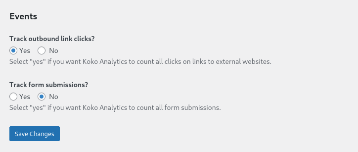 The "events" section on the Koko Analytics settings page.