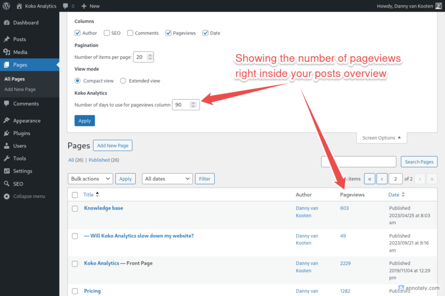 Screenshof the Pages table inside WP Admin, featuring a column showing the number of pageviews over 90 days.