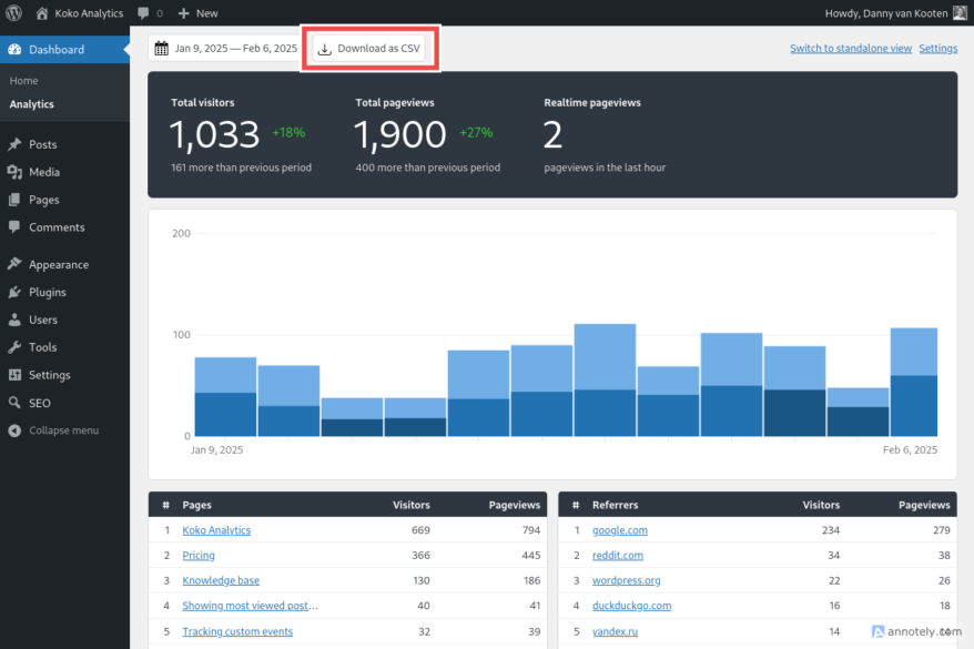 Screenshot of Koko Analytics dashboard with the "Download as CSV" button highlighted.