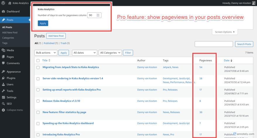 Screenshot of the Posts overview inside WP Admin demonstrating the Pageview column feature in Koko Analytics Pro.